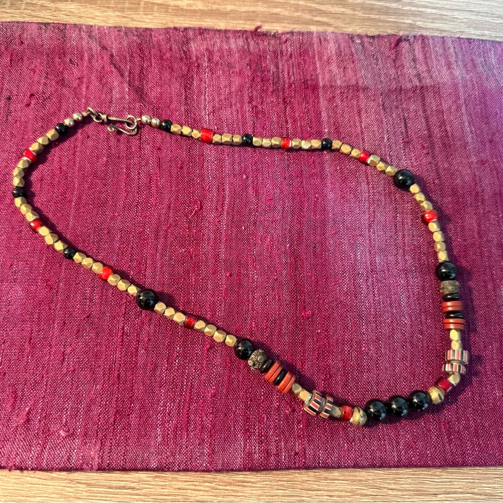 Boho Tribal Beaded Necklace – Red, Black & Brass Accents